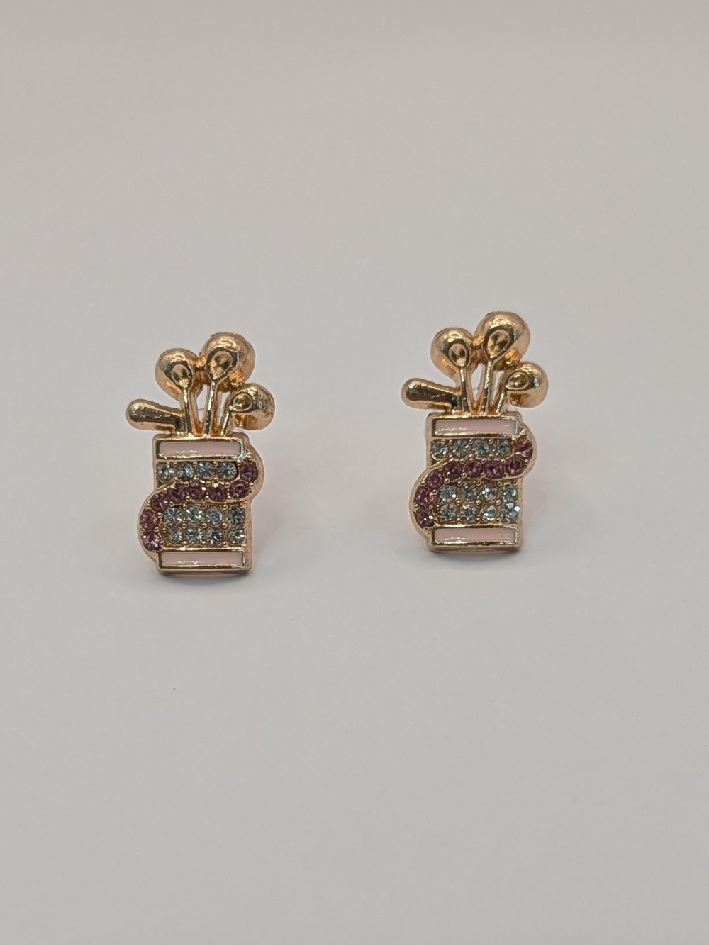 Golf Bag Crystal Stud Earrings - Gold Tone with Pink & Clear Crystals
